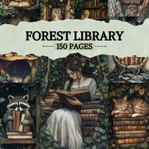 May include: A collage featuring a forest library theme. The text "FOREST LIBRARY" and "150 PAGES" are displayed. The image includes a woman reading, a raccoon with books, an owl, and a cat sleeping on books. The color palette is muted greens and browns.