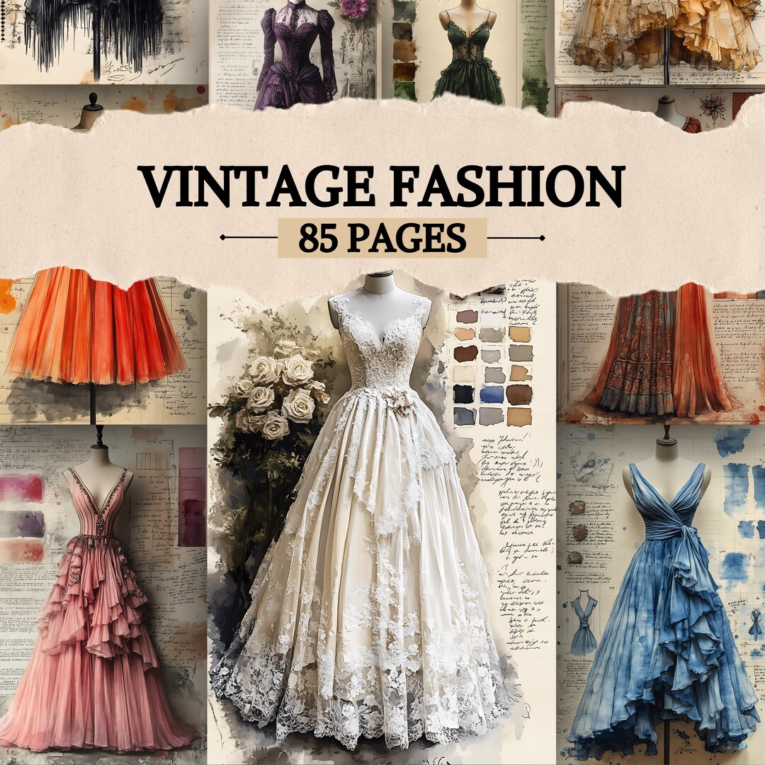Vintage Fashion Junk Journal Pages, Dress Illustration Artistic Junk ...