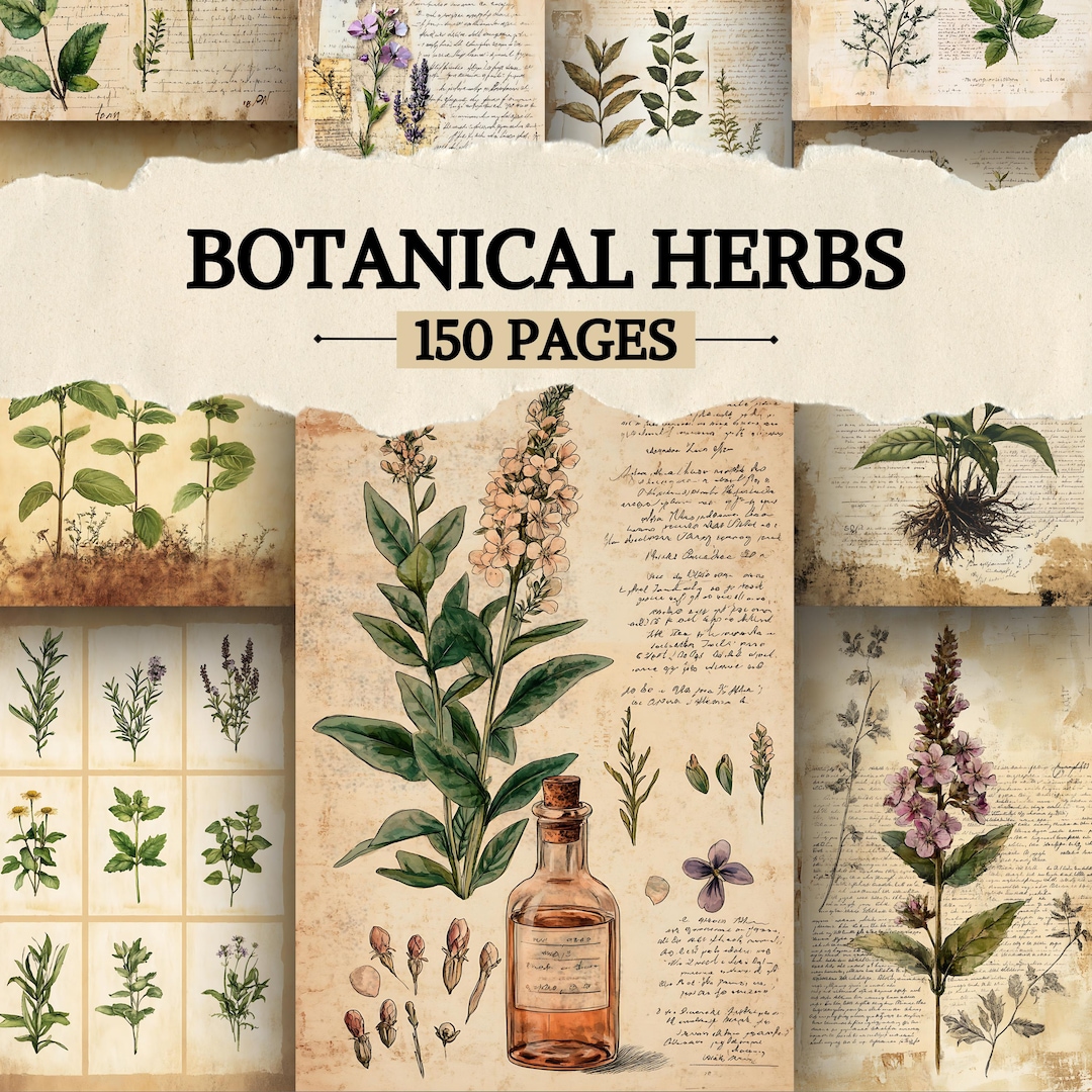 Botanical Herbs Junk Journal Pages, Digital Scrapbook Paper Kit, Herbal ...