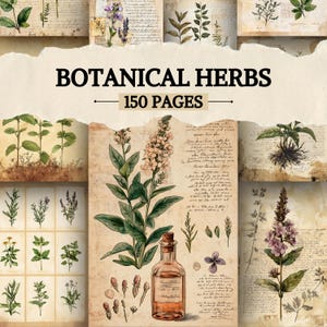 Könnte beinhalten: Eine Collage aus botanischen Illustrationen und handschriftlichem Skript. Das zentrale Bild zeigt eine Flasche mit Korken und einen Zweig mit Blumen. Der Text "BOTANICAL HERBS" und "150 PAGES" ist in der Mitte zu sehen.