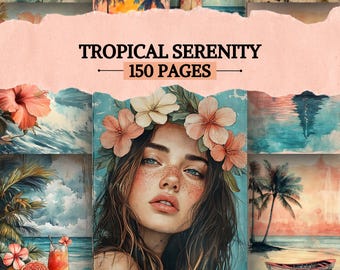 Tropical Serenity Junk Journal Kit, Tropical Ephemera, Flamingo Scrapbook Pages, Vintage Ephemera, Beach Printable Digital Collage Sheets