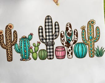 Western Cactus PNG, Leopard, Buffalo Plaid, Turquoise Boho Sublimation Graphic (Digital Download)