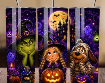 Halloween Pumpkin Trio Green Mean One Mummy Spooky Castle Neon Sublimation Digital Download PNG,Halloween Witch Grinch PNG,Tumbler Wrap