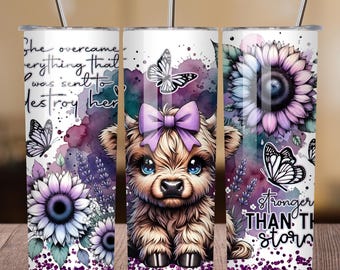 Cute Highland Cow Tumbler PNG, Stronger Than The Storm , Floral Cow PNG, Purple Sunflower Butterfly Tumbler Wrap, Motivational Quote PNG