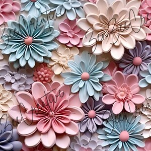 Puede incluir: Primer plano de un arreglo floral con flores tridimensionales en colores pastel. Las flores, en tonos rosa, azul, crema y morado, tienen p&eacute;talos texturizados y centros redondeados, creando un dise&ntilde;o suave y floral.