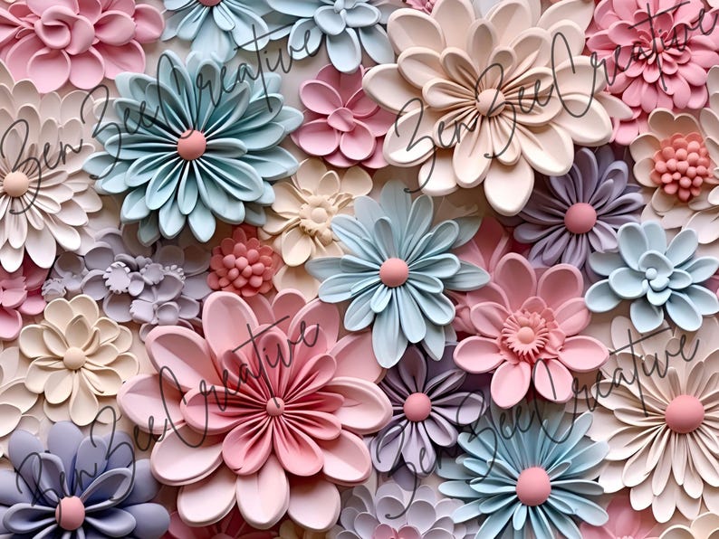 Puede incluir: Primer plano de un arreglo floral con flores tridimensionales en colores pastel. Las flores, en tonos rosa, azul, crema y morado, tienen p&eacute;talos texturizados y centros redondeados, creando un dise&ntilde;o suave y floral.