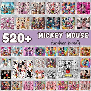 May include: A collection of 520+ Mickey Mouse tumbler designs. The tumblers feature various colorful designs of Mickey Mouse and Minnie Mouse, with some showcasing Disney scenes and patterns. The text "Mickey Mouse tumbler bundle" is also visible.