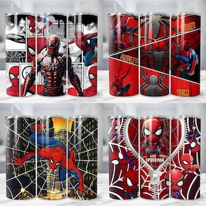 May include: A collection of four stainless steel tumblers featuring Spider-Man designs. Each tumbler showcases different artwork, including comic book panels, action poses, and character names. The dominant colors are red, black, and blue.
