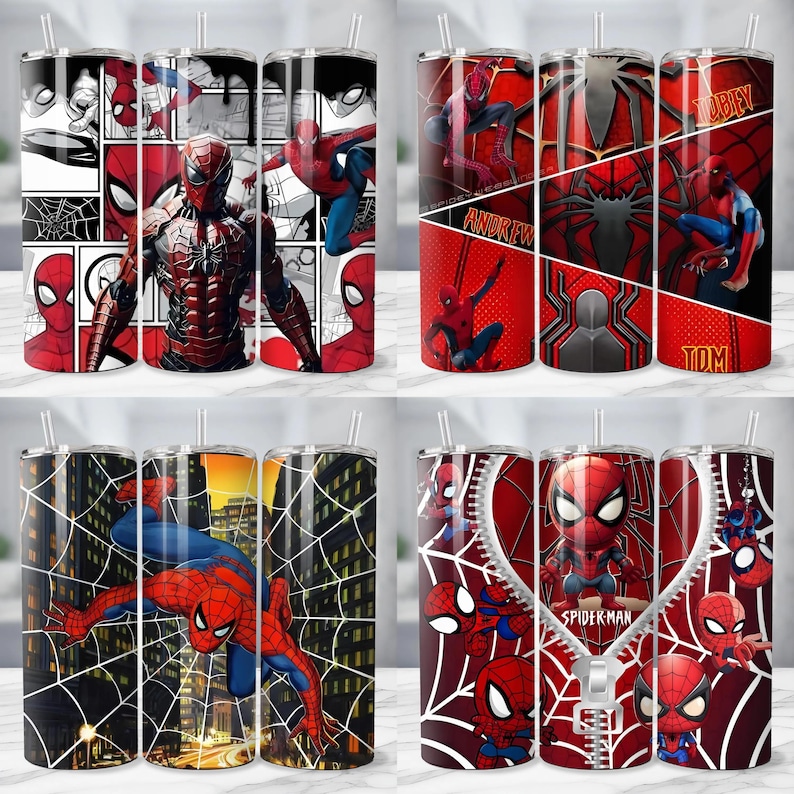 May include: A collection of four stainless steel tumblers featuring Spider-Man designs. Each tumbler showcases different artwork, including comic book panels, action poses, and character names. The dominant colors are red, black, and blue.