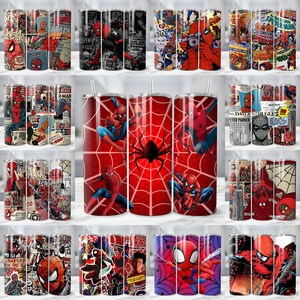 May include: A collection of stainless steel tumblers featuring various Spider-Man designs. The tumblers showcase comic book art, Spider-Man in action poses, and the iconic spider web motif. Each tumbler includes a straw.