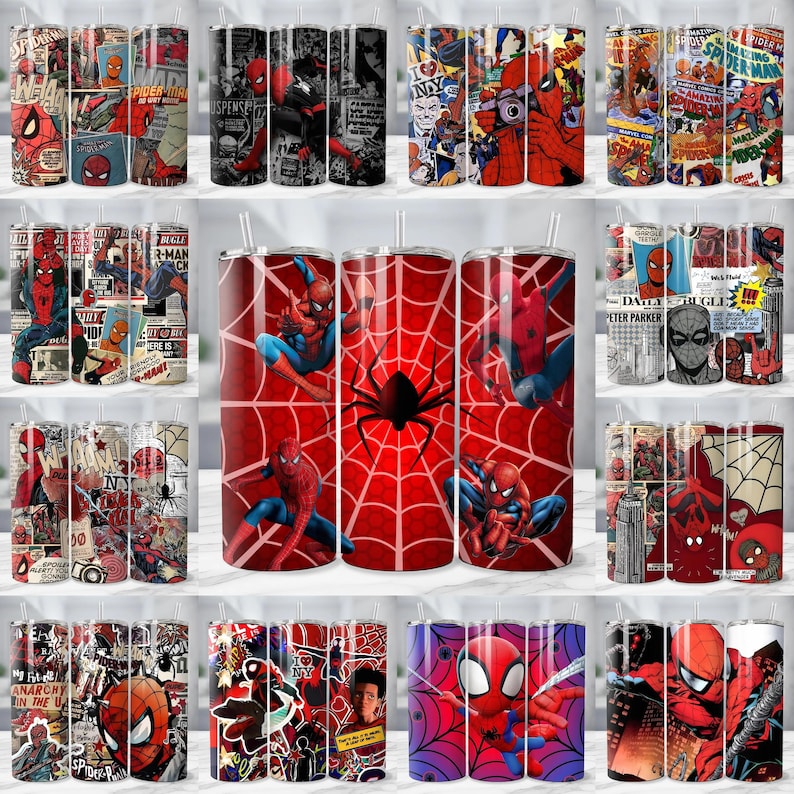 May include: A collection of stainless steel tumblers featuring various Spider-Man designs. The tumblers showcase comic book art, Spider-Man in action poses, and the iconic spider web motif. Each tumbler includes a straw.