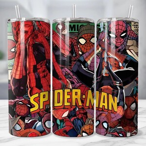 May include: A stainless steel tumbler featuring a vibrant collage of Spider-Man comic book art. The design includes various Spider-Man poses and the character's name in yellow block letters. The tumbler has a clear straw.