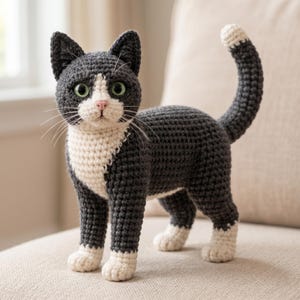 Virkmönster för smokingkatt, realistisk stående amigurumi-handledning (digital nedladdning)