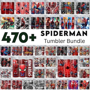 May include: A collection of Spider-Man themed tumblers. The image displays a variety of designs featuring the superhero in action poses, comic book art, and the Spider-Man logo. The text "470+ SPIDERMAN Tumbler Bundle" is also visible.