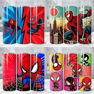 May include: A collection of stainless steel tumblers featuring various Spider-Man designs. The tumblers showcase the superhero in action poses, comic book panels, and stylized illustrations, with vibrant red, blue, and black color schemes.