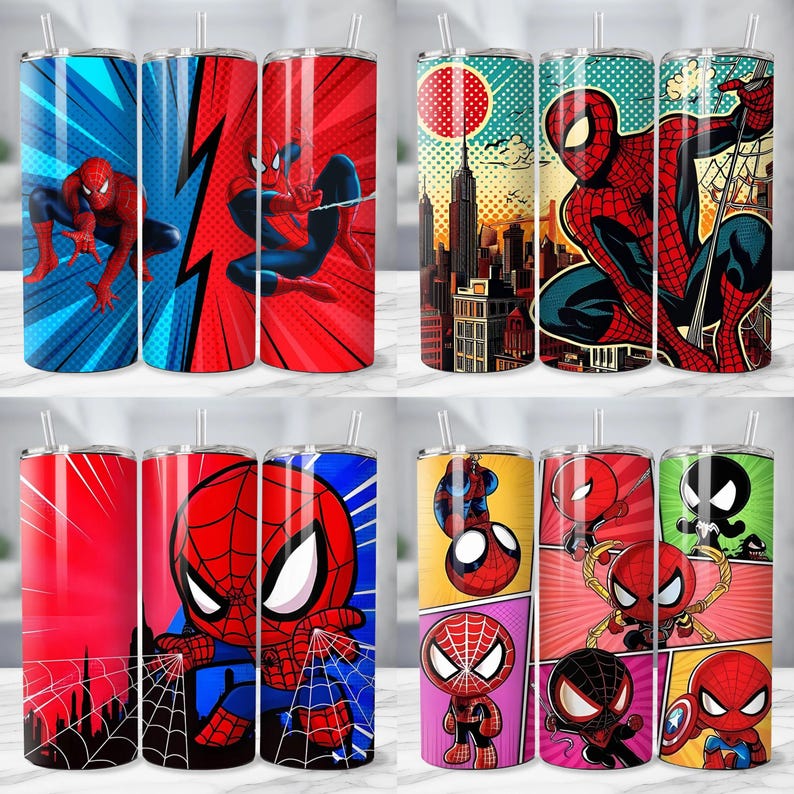 May include: A collection of stainless steel tumblers featuring various Spider-Man designs. The tumblers showcase the superhero in action poses, comic book panels, and stylized illustrations, with vibrant red, blue, and black color schemes.