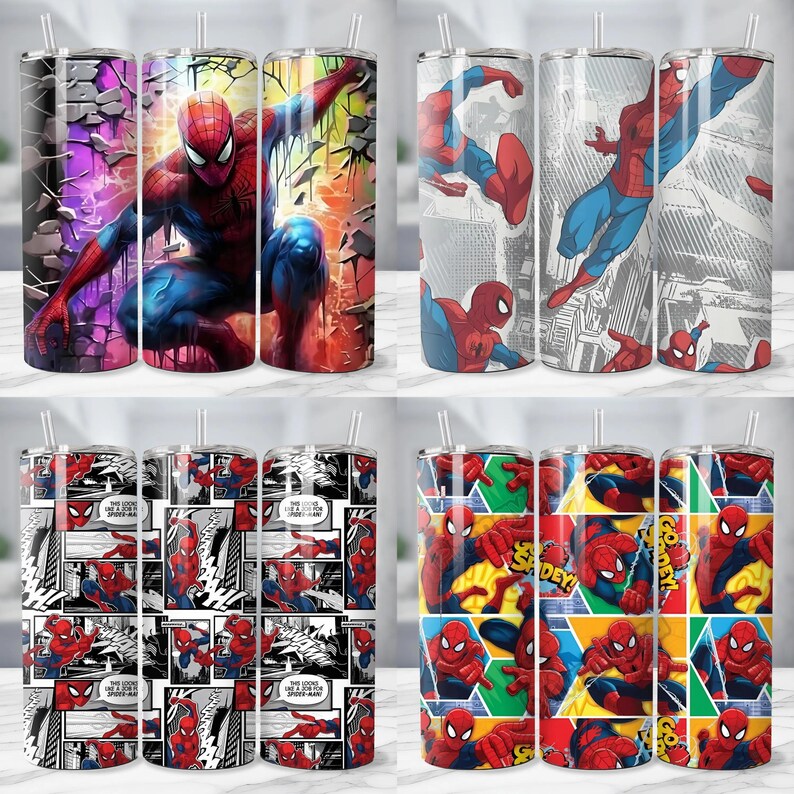 May include: A collection of stainless steel tumblers featuring the superhero Spider-Man. The designs include comic book panels, action poses, and vibrant graphics of the character in red and blue. Each tumbler has a clear straw.