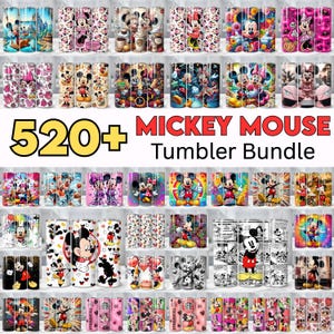 May include: A collection of 520+ Mickey Mouse tumbler designs. The tumblers feature various colorful designs, including Mickey Mouse, Minnie Mouse, and other Disney-themed graphics. The text "Mickey Mouse Tumbler Bundle" is displayed.
