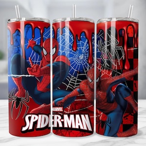 May include: A red, blue, and black Spider-Man tumbler with a straw. The design features Spider-Man in action poses, a spider web, and the Marvel Spider-Man logo. The top has a red dripping paint effect.