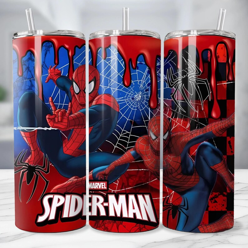 May include: A red, blue, and black Spider-Man tumbler with a straw. The design features Spider-Man in action poses, a spider web, and the Marvel Spider-Man logo. The top has a red dripping paint effect.