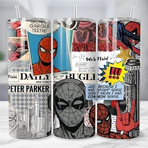 May include: A stainless steel tumbler featuring a collage of Spider-Man comic book art. The design includes comic panels, the Daily Bugle newspaper, and Spider-Man illustrations in red, black, and blue. The tumbler has a clear straw.