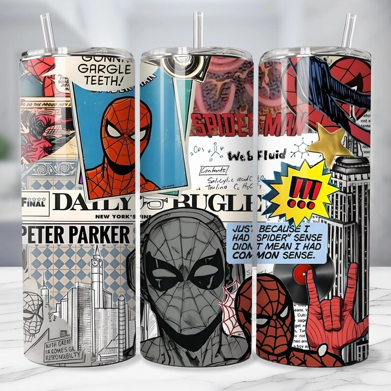 May include: A stainless steel tumbler featuring a collage of Spider-Man comic book art. The design includes comic panels, the Daily Bugle newspaper, and Spider-Man illustrations in red, black, and blue. The tumbler has a clear straw.