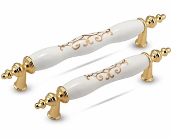 Vintage Gold White Cabinet Handle Ceramic Drawer Pull Decorative Hardware
