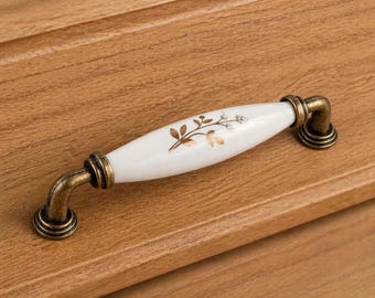 Vintage Floral Ceramic Cabinet Handle Antique Brass Drawer Pull Decorative Hardware