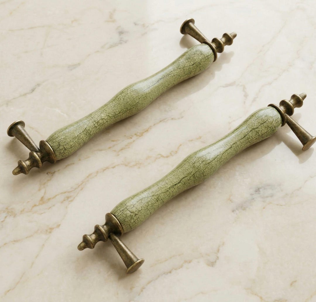 128mm Vintage Green Ceramic Kitchen Cabinet Pulls, Antique Brass Drawer ...