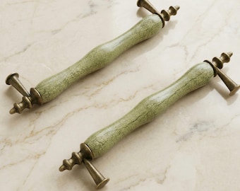 128mm Vintage Green Ceramic Kitchen Cabinet Pulls, Antique Brass Drawer Handles, Shabby Chic Hardware