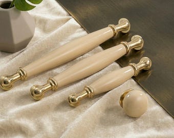 Vintage Porcelain Knobs & Antique Gold Brass Pulls for Dressers, Kitchen Cabinets