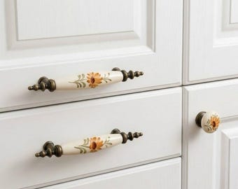 Vintage Ceramic Brass Drawer Pulls – Victorian Floral Cabinet Handles, Shabby Chic Hardware