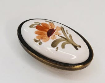 Vintage Floral Hand-Painted Ceramic Cabinet Knob - Brass Hardware Pull for Bathroom Vanity, Kitchen Cupboard