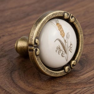 Vintage Wheat Porcelain Cabinet Knob, Antique Brass Ceramic Drawer Pull for Rustic Farmhouse Decor