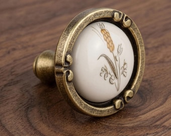 Vintage Wheat Porcelain Cabinet Knob, Antique Brass Ceramic Drawer Pull for Rustic Farmhouse Decor