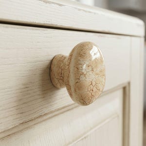 Vintage Crackle Porcelain Cabinet Knob, Shabby Chic Cream Drawer Pull, Stone Look Handle