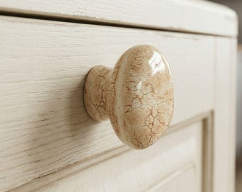 Vintage Crackle Porcelain Cabinet Knob, Shabby Chic Cream Drawer Pull, Stone Look Handle