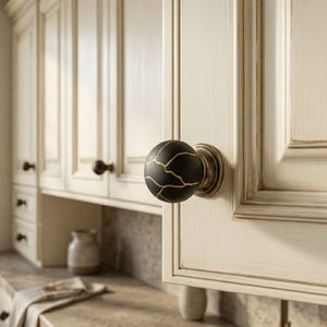 May include: Close-up of a black and gold cabinet knob with a crackle design. The knob is mounted on a cream-colored cabinet door. Other cream-colored cabinets and knobs are visible in the background, suggesting a kitchen setting.