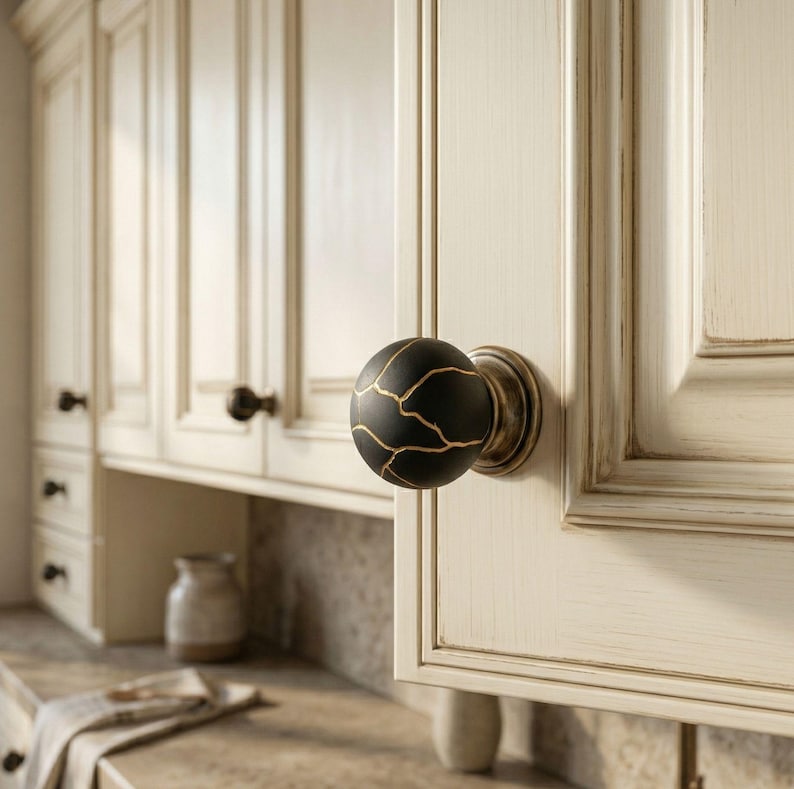 May include: Close-up of a black and gold cabinet knob with a crackle design. The knob is mounted on a cream-colored cabinet door. Other cream-colored cabinets and knobs are visible in the background, suggesting a kitchen setting.