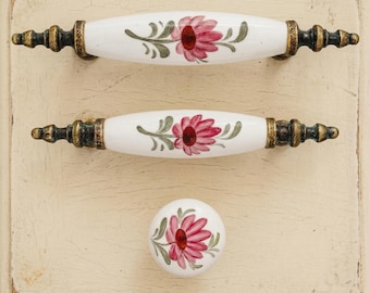Vintage Floral Ceramic Cabinet Handles, Pink Flower Porcelain Drawer Pulls for Kitchen Furniture Decor