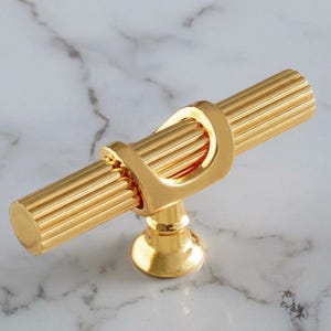 Brushed Gold Chrome T Bar Cabinet Knob, Fluted Brass Drawer Pull, Modern Kitchen Handle