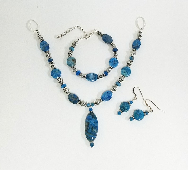 Bracelet and Earrings Adjustable Length Interchainables Capris Blue Crazy Lace Jasper Necklace