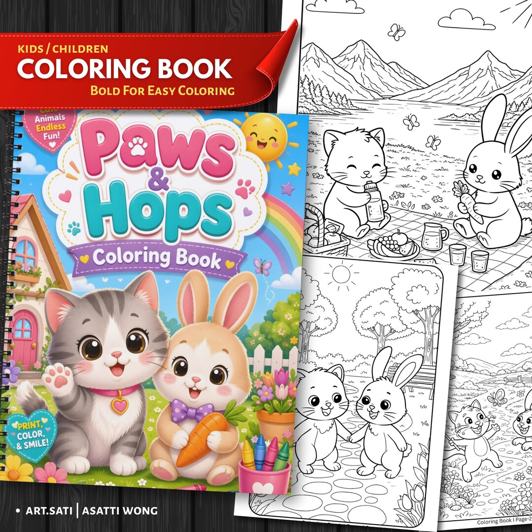 Paws and Hops Coloring Book | Cute Animal Printable for Kids | Bunny ...