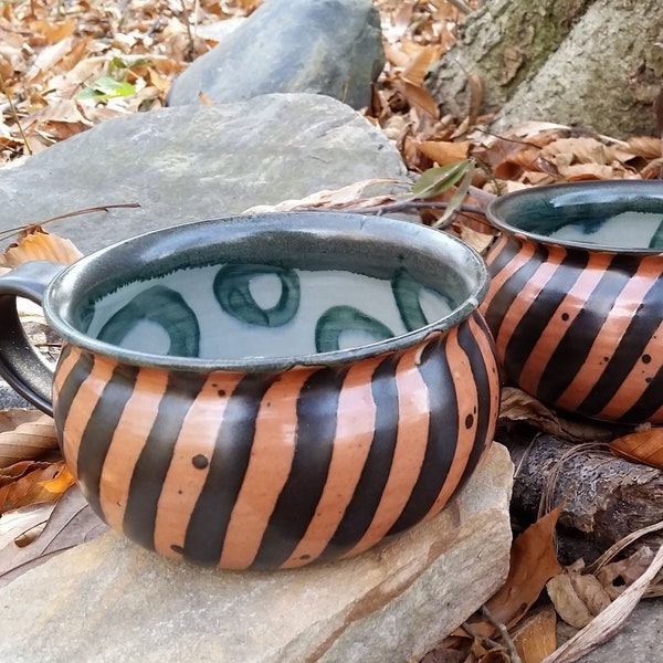 Soup Bowl // Handmade Pottery // Black and Orange Stripe // Teal Circles // Chili Bowls // Aslakson Pottery