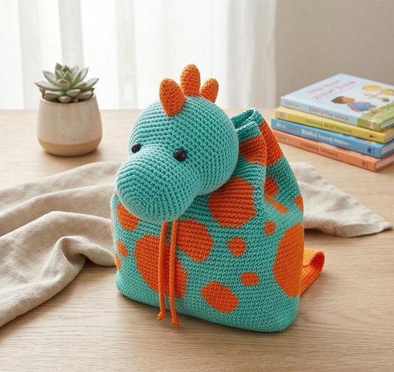 Crochet Dinosaur Backpack Pattern, Amigurumi Dino Bag, Kids Crochet Toy (Digital PDF)