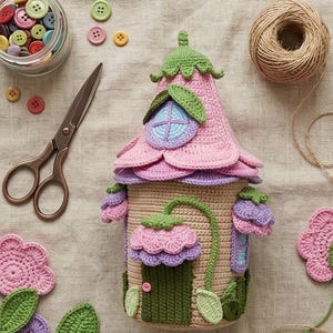 Puede incluir: Una casa de hadas de ganchillo hecha a mano en tonos rosa, morado y verde. La casa presenta un techo en forma de flor, una pequeña puerta y detalles florales decorativos. Un tarro de botones coloridos y tijeras están cerca.