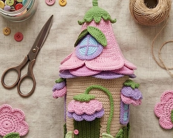 Patrón de casita de hadas a crochet, casa de flores amigurumi, decoración de jardín caprichosa (patrón en PDF)