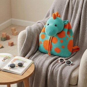 May include: A turquoise and orange crochet dinosaur backpack with a drawstring closure. The backpack is sitting on a gray blanket draped over a chair. A pair of sunglasses and an open book are on a small table.