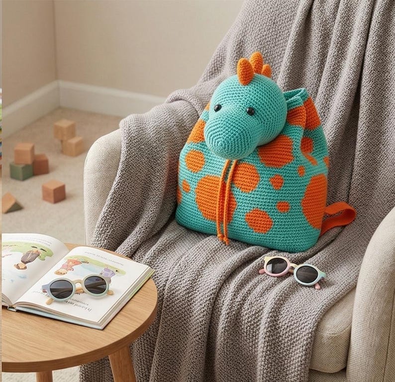 May include: A turquoise and orange crochet dinosaur backpack with a drawstring closure. The backpack is sitting on a gray blanket draped over a chair. A pair of sunglasses and an open book are on a small table.