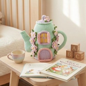 Patrón de casita con tetera a crochet, decoración floral de amigurumi (PDF digital)